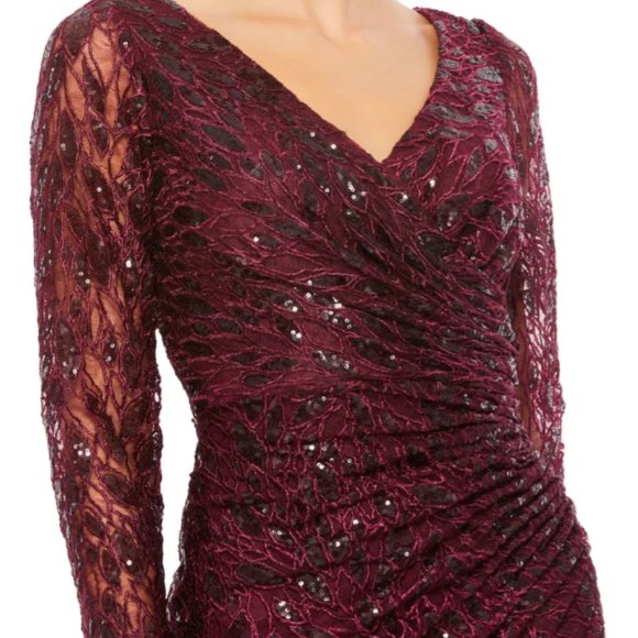 MAC DUGGAL 12412 LONG SLEEVE RUCHED SEQUIN V-NECK GARNET GOWN sz 16 - Picture 2 of 3